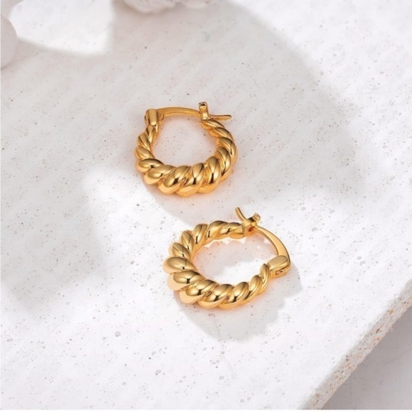 GOLD 14k Gold Plated Crossiant Huggie Hoop Earrings - Picture 2 of 4